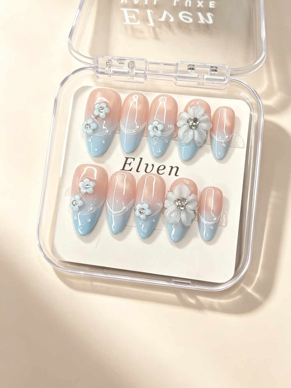Pink Blue Ombre Cat Eye Press On Nails With 3D Flowers & Crystals Medium Almond